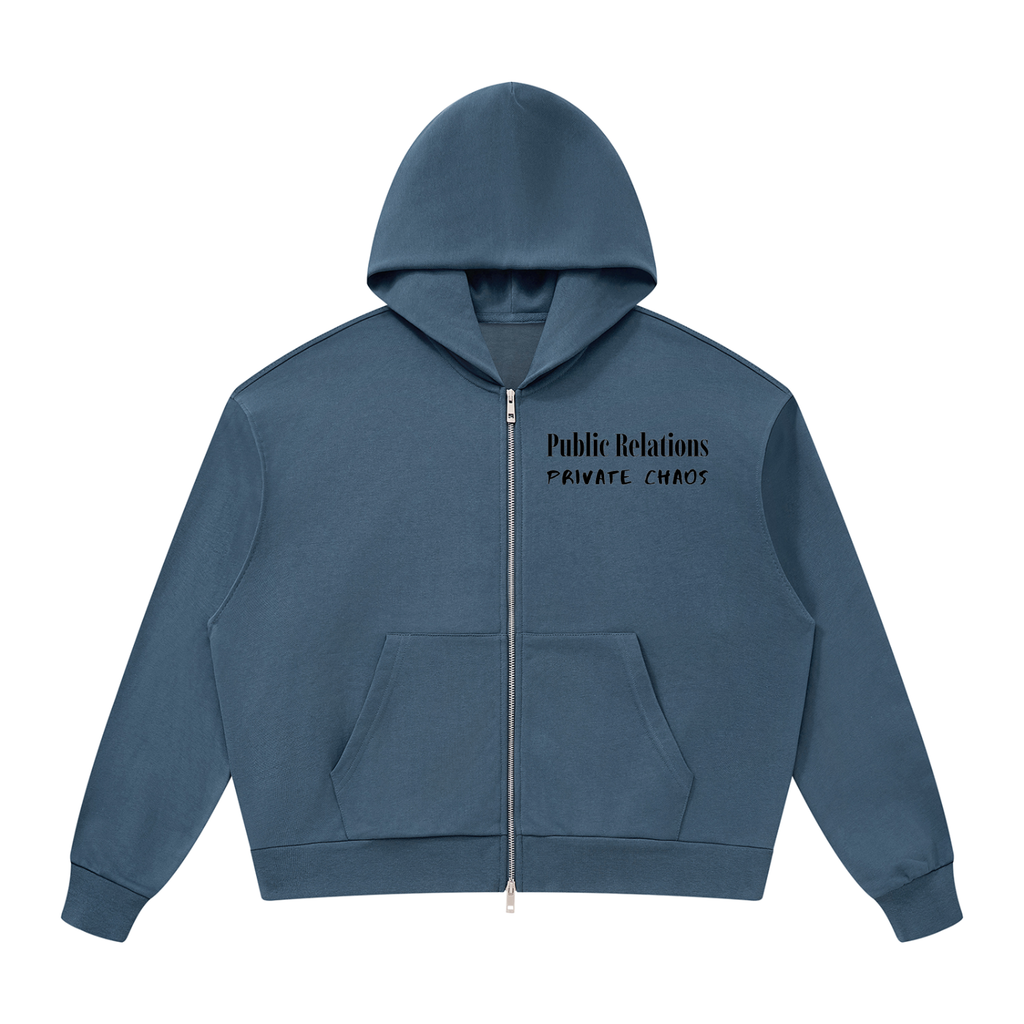 Public Relations, Private Chaos | Unisex Drop Shoulder Full Zip Hoodie